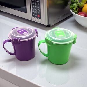 (2) Sistema Microwave Soup Mug Set 22oz Green Purple BPA Free Vent Lid Container